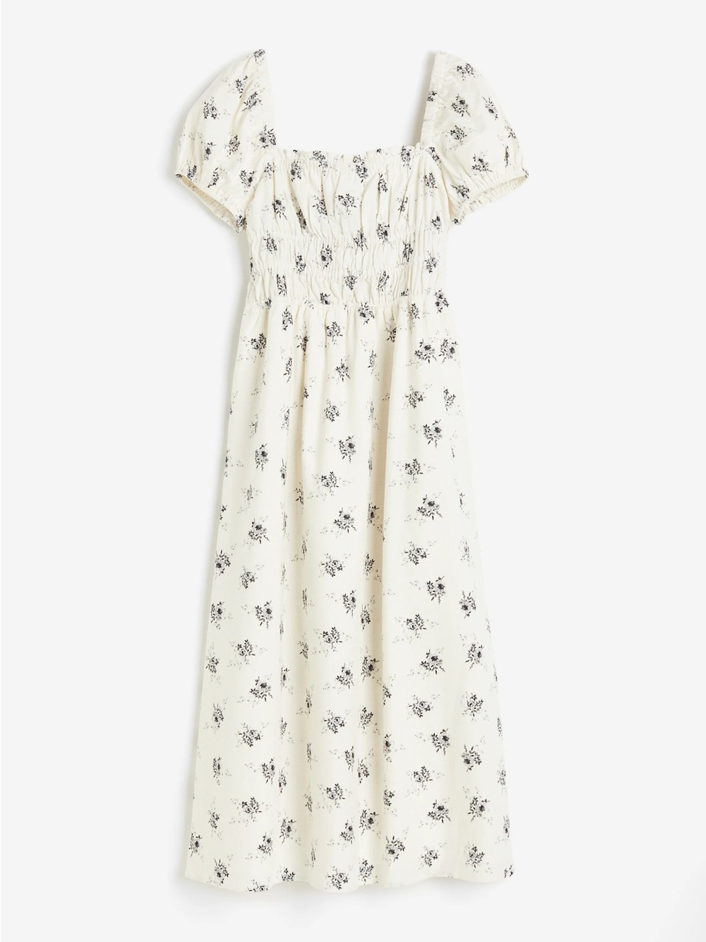 H&M Cream Linen Blend Midi Dress with Black Floral Print L